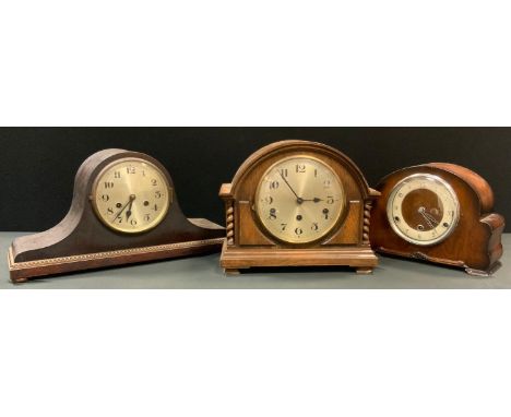 An early 20th century oak cased chiming mantle clock, silvered dial, Arabic numerals;  others (3) 