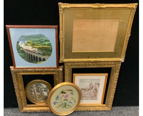 Pictures &amp; Prints - an oval floral needlework panel;  another Trains, ;  assorted Victorian and later ornate gilt wood fr