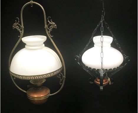 A Victorian ceiling light oil lamp; another 20th century, smaller. (2) 