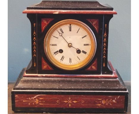 A Victorian slate mantel clock, rouge marble, roman numerals, Richard et Cie movment, twin winding holes, striking on a bell,