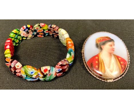 Jewellery - A 20th century Austrian porcelain portrait panel brooch, silver coloured metal frame;  a Murano glass bead bracel