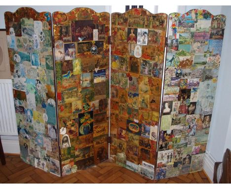 A Victorian four panel scrap screen, 153cm high, 213 wide