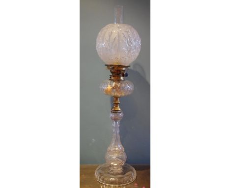 A Victorian glass and brass oil lamp, frosted globular shade, 74cm, high, c.1870
