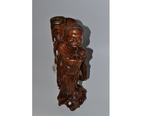 A Chinese carved boxwood figural lamp, of an Elder, brass light fitting, 35.5 high