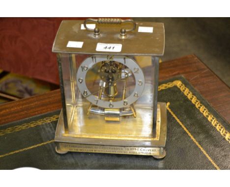A Kundo Electronic anniversary carriage clock, 10.5cm dial with Arabic numerals, 'Presented by the Members of the St. Thomas 
