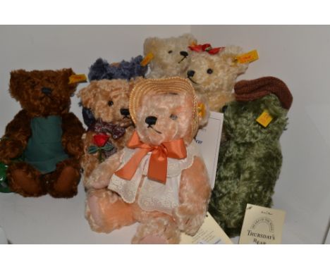 A set of seven Danbury Mint Steiff Days of The Week jointed bears, Monday, Tuesday, Wednesday, Thursday, Friday, Saturday, Su