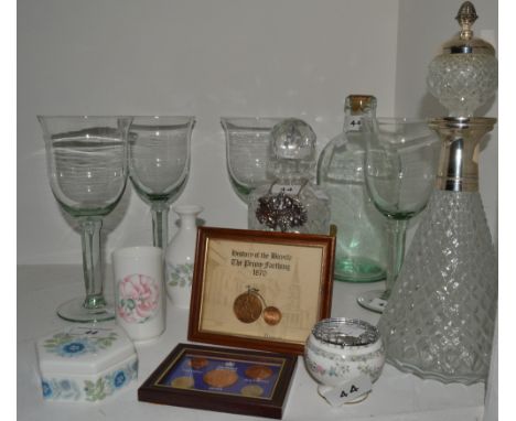 Glassware and Ceramics - Wedgwood Clementine trinket box;  glasses; decanters; coins, etc