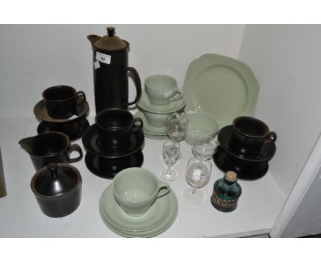 Ceramics and Glass - a Wedgwood six-setting coffee set, matt black ground, comprising coffee pot, cream and sugar, coffee cup