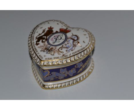 A Royal Crown Derby heart shaped  trinket box, commemorating the 50th anniversary of the marriage of  HRH Queen Elizabeth II 