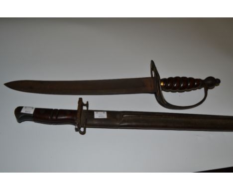 Weaponry - a Remington 1917 Bayonet , wooden hilt, scabbard;  a short sword, (2)