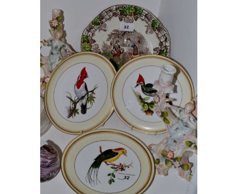 A set of three Portuguese Ornithological collectors plates;  a pair of German three light two branch candelabras;  etc 