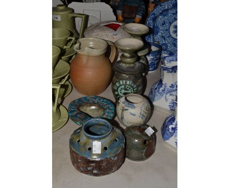 Studio Pottery - a Pair of Cairn candlestick vases;  a Winchcombe jug;  a Briglin bird money bank;  etc (8)