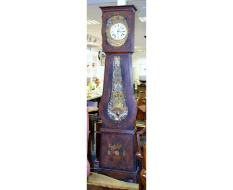 A French provincial longcase clock, the white enamel dial inscribed Paugoue, twin winding holes, 8 day movement, striking on 