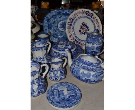 Blue and White - a graduated set of three Mason's Willow pattern hexagonal jugs, printed marks;  Spode Italian pattern muffin