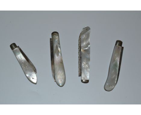 A Victorian mother-of-pearl hafted fruit knife, silver blade, Sheffield 1848;  others, Sheffield 1876;  1874;  1906 (4)