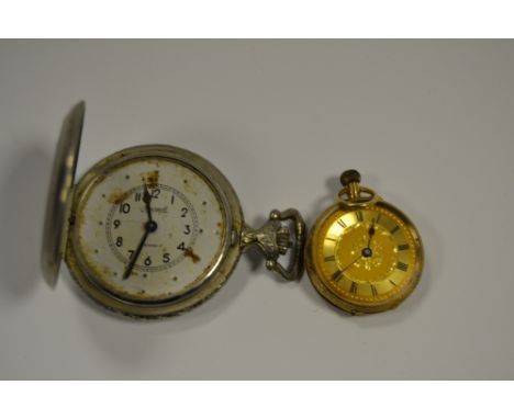 A Lady's gold fob watch, gilt floral dial, Roman numerals, engraved 15ct gold case, button wind movement, 32mm diam, 26g gros