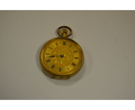 A Lady's gold fob watch, gilt floral dial, Roman numerals, engraved 14ct gold case, button wind movement, 38mm diam, 45g gros