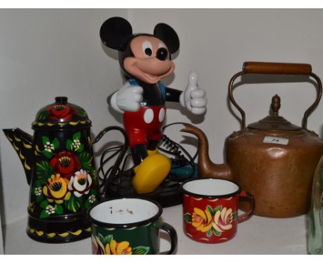 A Mickey Mouse novelty telephone; a copper kettle; an enamel Barge Ware type teapot and two mugs (5)