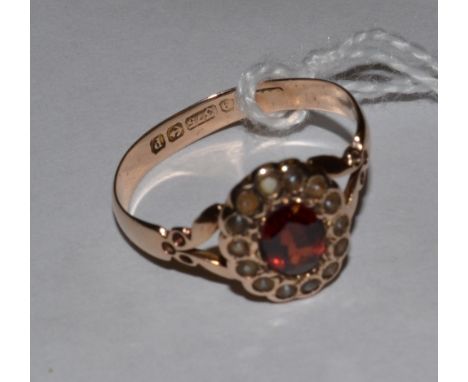 A ruby and seed pearl cluster ring, 9ct gold shank
