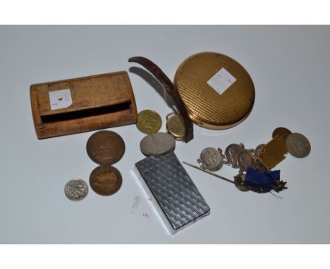 A 9ct gold watch;  an American Dime Bracelet;  Buffalo Brooches;  Compact;  Lighter;  Snuff Box;  etc
