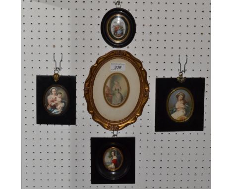 Portrait miniatures - Madame Leonards and Daughter, oil on ivorine, ebonised frame;a Duchess of Devonshire miniature;   a Bax