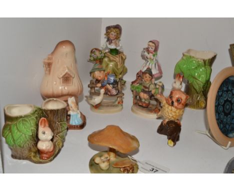 Ceramics - a Goebel Hummel figure ' Barnard Hero'; another,'Way To Harmony'; a Fauna pottery vase depicting woodland creature