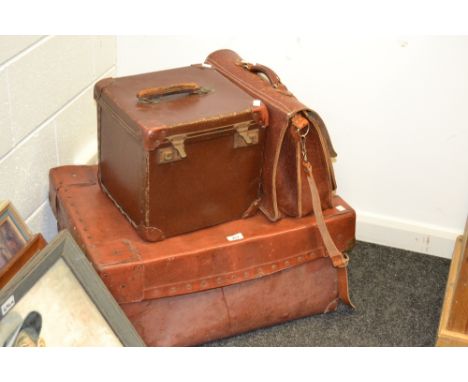 Vintage Luggage - a leather hat box; a leather satchel type briefcase; a leather trunk, stamped February 1957 (3)