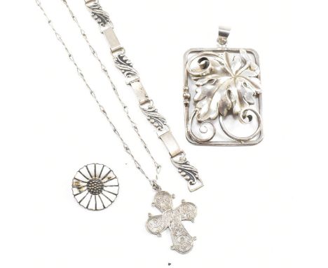 A collection of Danish silver and white metal jewellery. The jewellery to include a leaf and berry bracelet marked A.G 830 S,