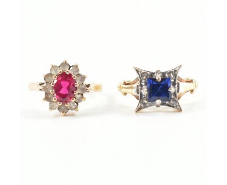 Two hallmarked 9ct gold stone set rings. The lot to include a synthetic ruby ring surrounded by white paste stones (hallmarke