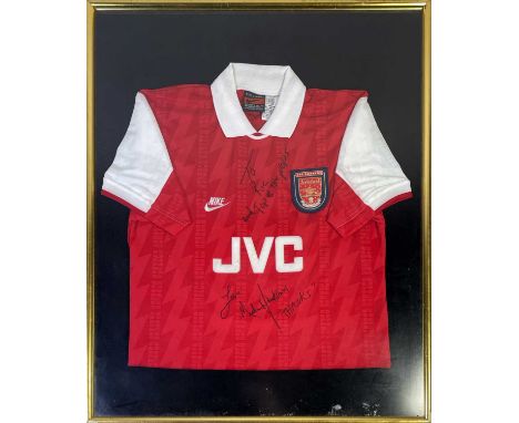 A mounted, framed and glazed display to include a c 1995 Arsenal home shirt (L) signed with dedication to our vendor and 'Top