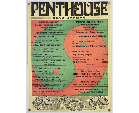 An original and rare listings poster for concerts at the legendary Scarborough Penthouse in December 1971. Includes dates for