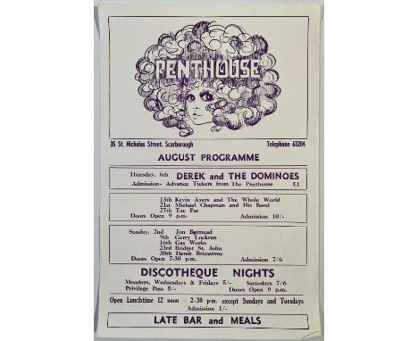 An original and rare listings poster for concerts at the legendary Scarborough Penthouse in August 1970. Includes listings fo