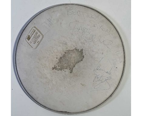 A 'Hi Percussion' drumskin (approx 14.5" diameter) signed by Fast Eddie, Lemmy and Philthy Animal (with one additional partia