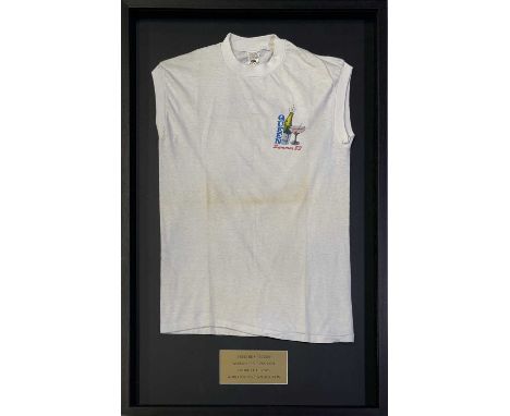 A Queen 'Summer 83' sleeveless vest (Fruit of of the Loom label, M) owned and worn by Freddie Mercury and sold in 2023 as par