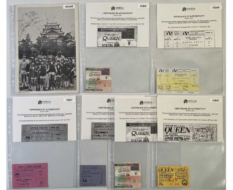 Six c 1970s and 80s ticket stubs for Queen concerts - all gifted by John Deacon to his sister Julie. To inc Wembley 1986, VIP
