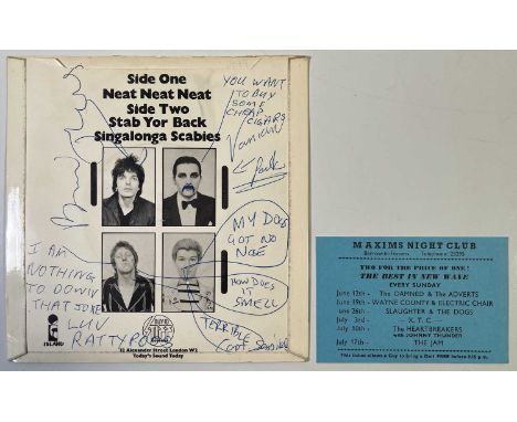 A 7" single, The Damned - Neat Neat Neat (BUY10) signed to reverse of sleeve by Rat Scabies, Dave Vanian, Brian James, Captai