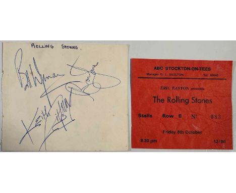 A card (approx 11.5 x 10cm) signed in blue ink by Bill Wyman, Brian Jones and Keith Richard of The Rolling Stones. Also with 