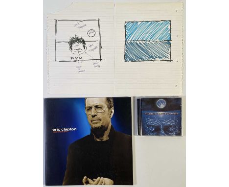 Two pages of lined paper both approx A4 sized (22x29.5cm), one with hand drawn sketches by Eric Clapton for the 'Pilgrim' CD 