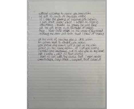 A page (approx A4, 21.5 x 30cm) with handwritten lyrics by Eric Clapton for 'One Chance' which would feature on the 'Pilgrim'