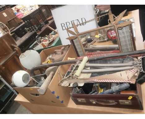 enamelled breadbin. Case and box inc. cycle lamps, tools & bakelite etc