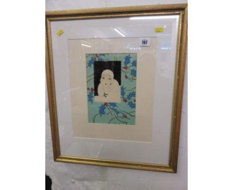 AFTER DORIS ZINKHEISEN, Art Deco style watercolour, "Portrait of Lady with Holly surround", 9" x 6"