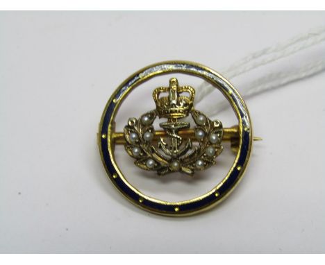 9ct YELLOW GOLD NAVAL BROOCH, set with enamel and seed pearl