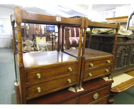 PAIR OF GEORGIAN DESIGN TWIN DRAWER BASE BEDSIDE CABINETS, mahogany ribbed pillar support tray top bedside cabinets, brass kn