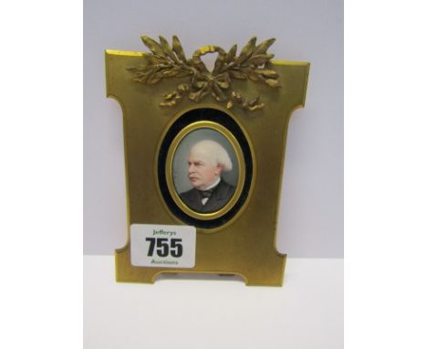 ENAMELLED PORTRAIT MINIATURE, signed oval portrait on porcelain "Gentleman with grey moustache", in gilt ornate easel frame