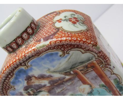 ORIENTAL CERAMICS, early 19th Century Chinese export tea caddy and lid decorated with courtiers (some damage)
