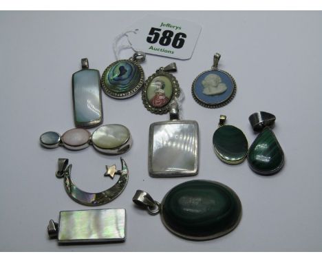 SILVER PENDANTS, inc malachite, mother-of-pearl pictorial and abalone shell