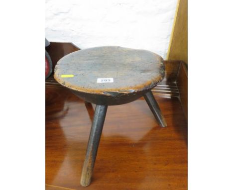 ANTIQUE MILK MAID STOOL, tripod base circular seat with ownership carved initials on reverse