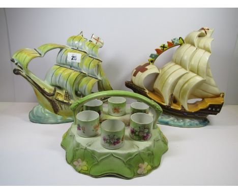 CZECHOSLOVAKIAN GALLEON FLOWER HOLDER, also 1 similar ceramic galleon and Victorian egg cup stand