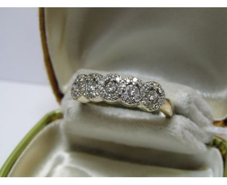 18ct YELLOW GOLD DIAMOND CLUSTER ETERNITY STYLE RING, unusual design 5 conjoined diamond cluster, each with central brilliant