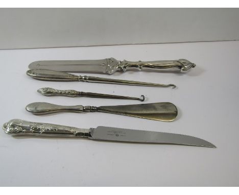 ARTS &amp; CRAFTS PAGE TURNER, quality plated page turner, also 2 silver handled button hooks, shoe horn &amp; cake knife